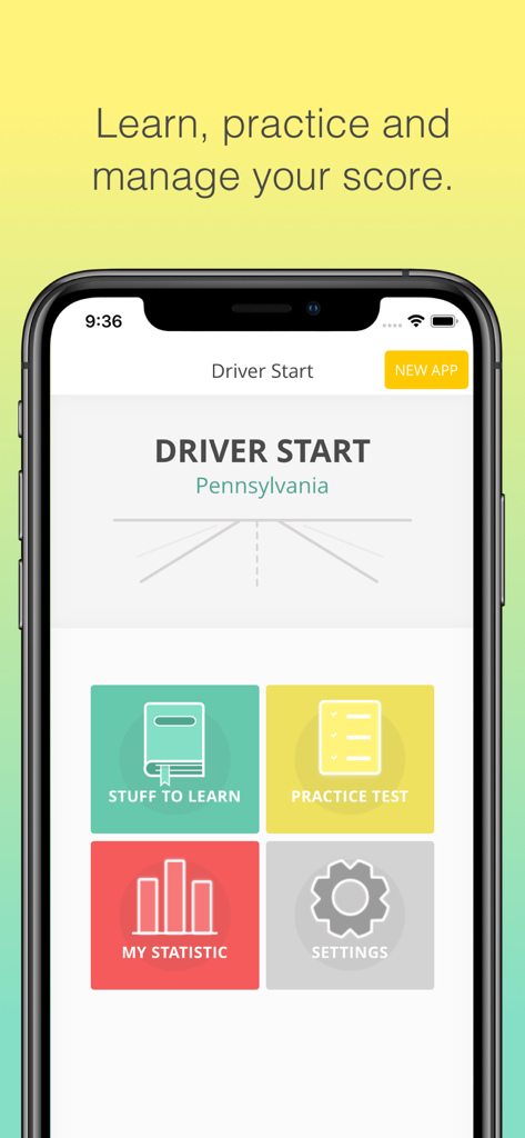 Pennsylvania DMV - Permit test - Main menu of the Pennsylvania DMV Permit test app with study and practice options.