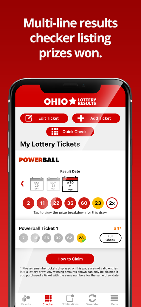 Ohio Lottery Numbers app ticket checker screen showing Powerball results and a winning ticket
