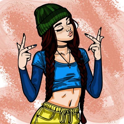 realistic teenage girl with braids and a beanie and crop top doing 🫶🏼