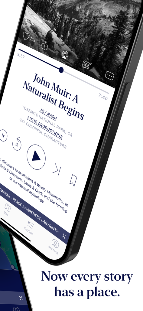 Smartphone screen displaying the Autio travel app playing an audio story about John Muir