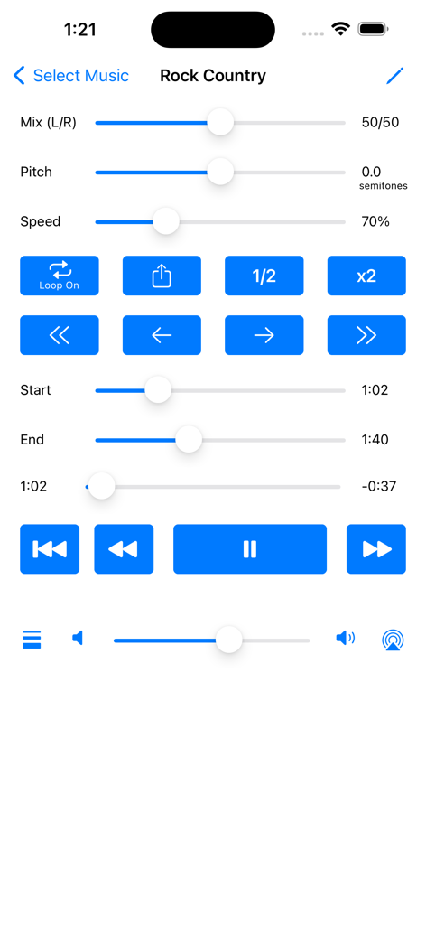Super Slow Downer - Super Slow Downer app interface showing pitch speed and loop settings for music practice