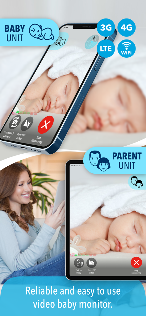 Baby Monitor TEDDY-baby camera - Baby Monitor TEDDY app showing a baby unit on a smartphone and a parent unit on a tablet connected via WiFi and LTE