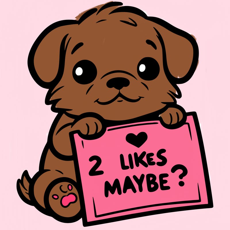 a puppy holding a sign that says 2 likes maybe?