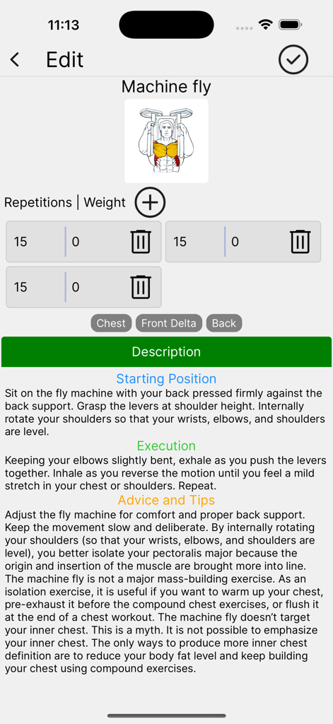 Workouts - TrainingDay - TrainingDay app interface showing instructions and logging for the machine fly exercise including sets reps and weight