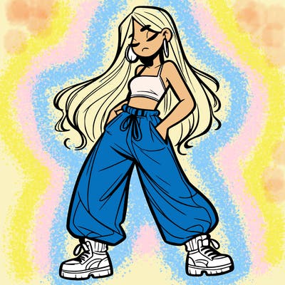 girl in baggy pants crop top and long hair