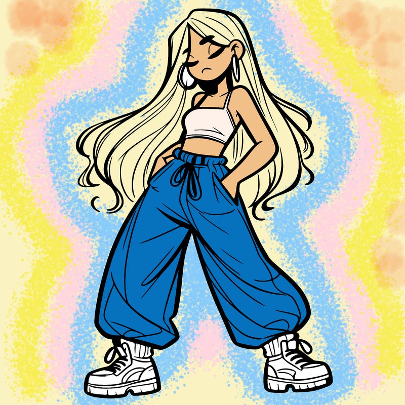 girl in baggy pants crop top and long hair
