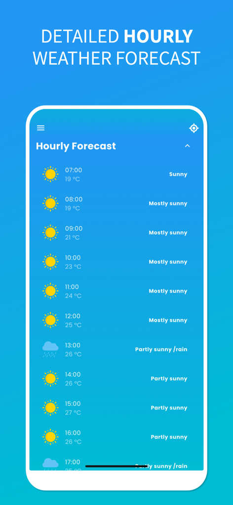 Local Weather Today: Real-Time - 晴天と気温を示す、モバイルアプリの詳細な時間別天気予報。