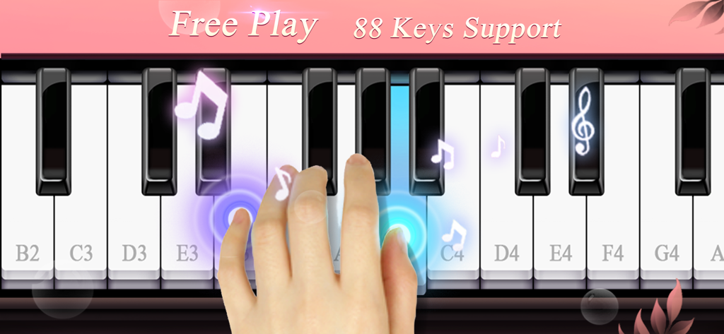 A hand playing a pink-themed virtual piano keyboard with floating musical notes and 88 keys support