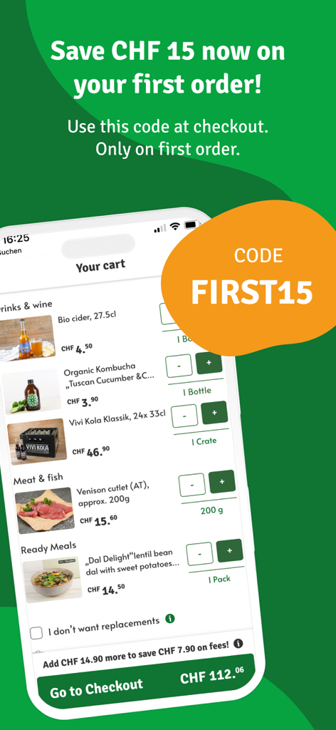 Farmy app interface showing a first order discount code and a shopping cart filled with local groceries