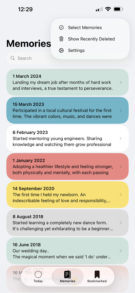 Today - Memory Notebook - A colorful list of journal entries displaying life milestones in the Memories section of the Today Memory Notebook app.