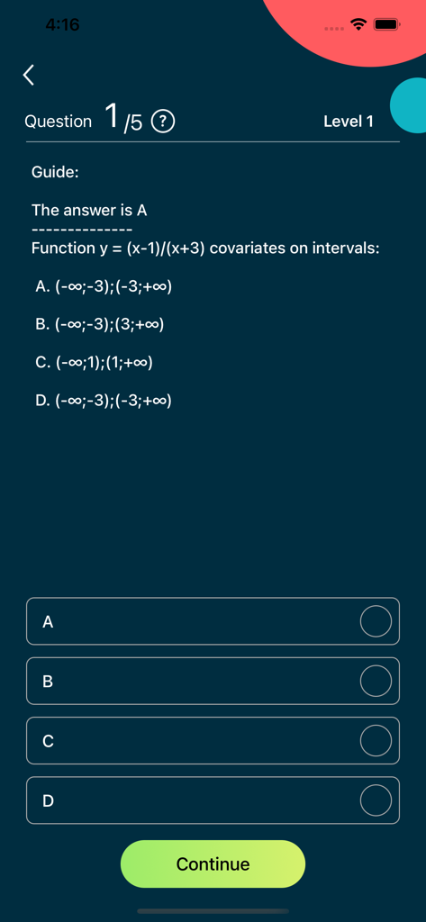 STMath - A multiple choice math quiz question about functions in the STMath app interface