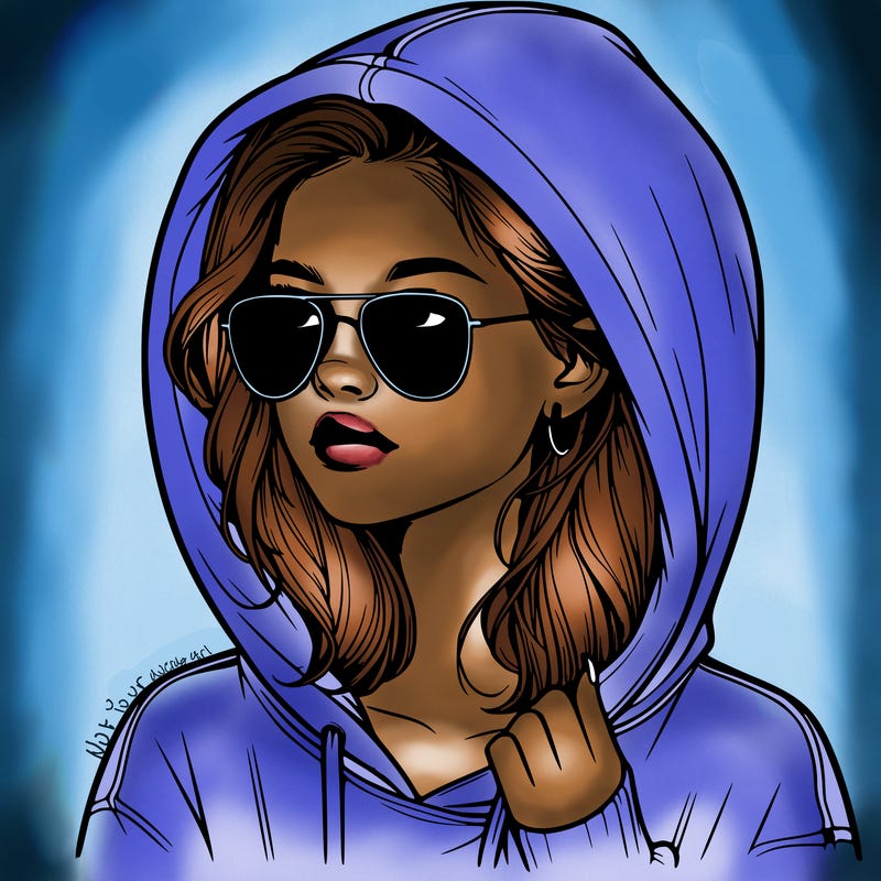 realistic teenage girl, wearing a hoodie and sunglasses