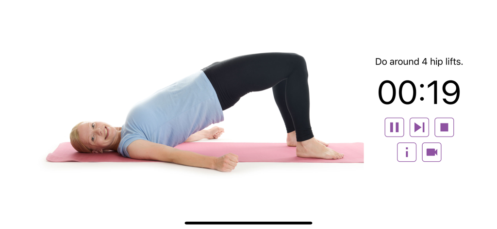 Mama in Shape - Poworkout - Woman performing a hip lift exercise on a yoga mat within the Mama in Shape app interface