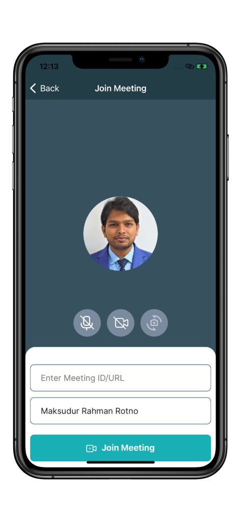 Convay app interface for joining a video meeting with fields for meeting ID and participant name.