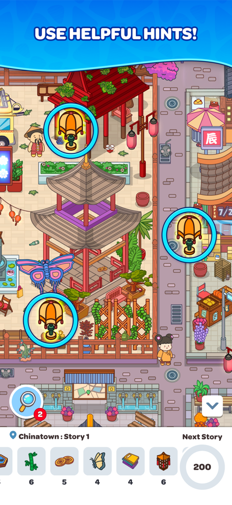 Hidden Tales - Find Objects! - Capture d'écran du jeu Hidden Tales montrant une scène de Chinatown avec des objets trouvés mis en évidence par des indices