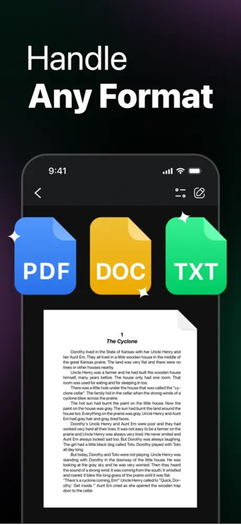 myAIChat - Chat Bot Assistant - myAIChat app screen showing AI support for PDF DOC and TXT formats