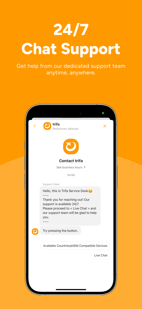 trifa - Travel eSIM Store App - trifaアプリのインターフェース。24時間年中無休のカスタマーチャットサポートデスクが表示されています。