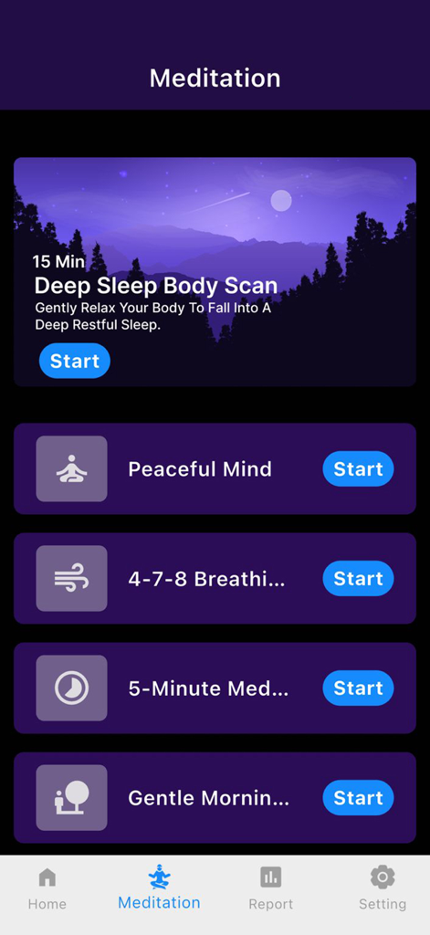 Meditation session list in the Tai Chi Workout Home Fitness app