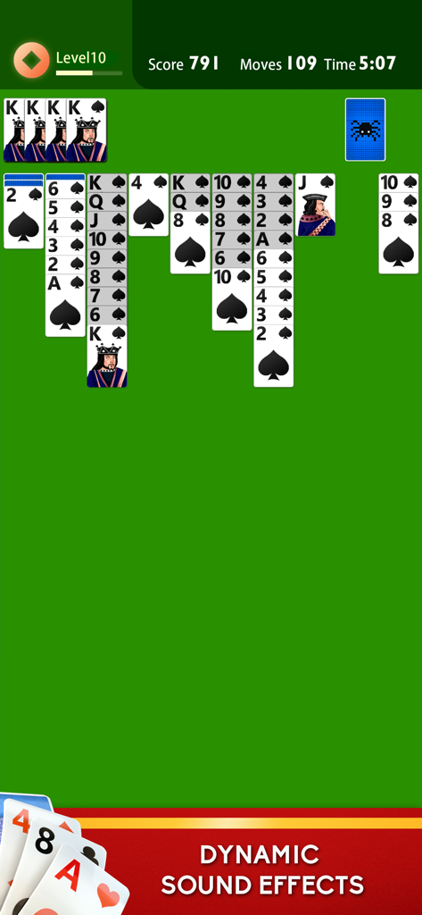 Spider Solitaire - Plus - Spider Solitaire Plus gameplay showing dynamic sound effects on a clean green background