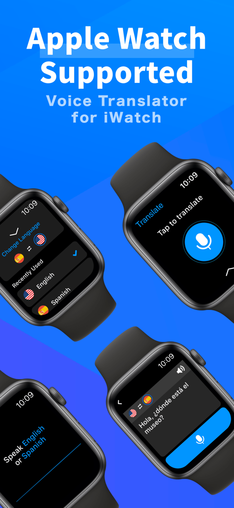 Realtime Translate-Translator - 多言語サポートと音声テキスト機能を示すApple Watch用の音声翻訳インターフェース