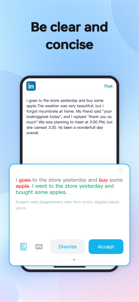 Clavier IA corrigeant les erreurs de grammaire et d'orthographe dans un brouillon de post LinkedIn.