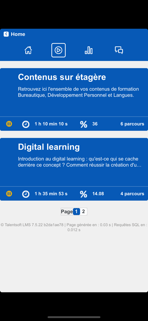 Cegid Talentsoft LMS App - Dashboard of the Cegid Talentsoft LMS app displaying e-learning course modules with progress tracking and time spent