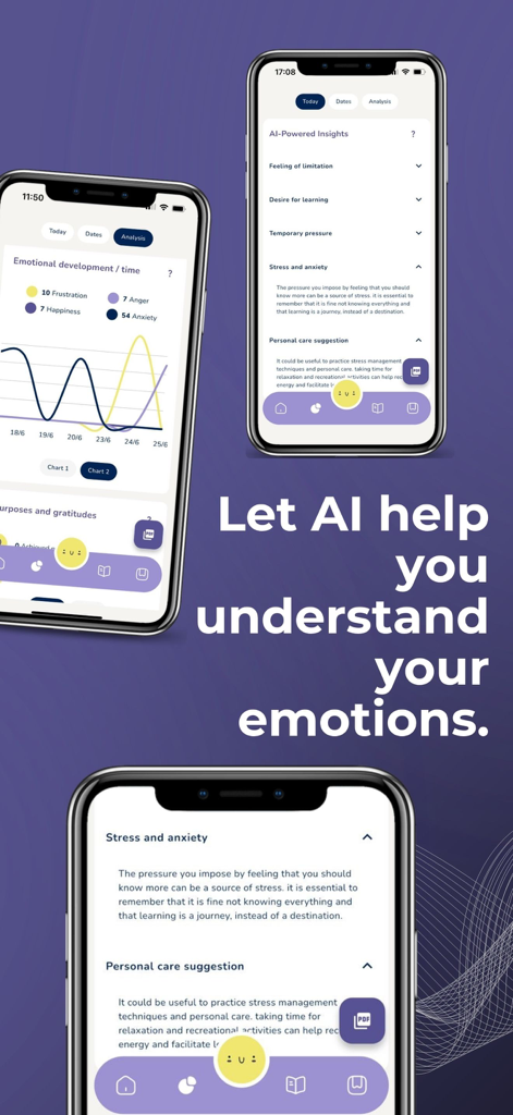 Smartphone screens displaying emotional tracking charts and AI-driven stress management insights from the NOUmi app.