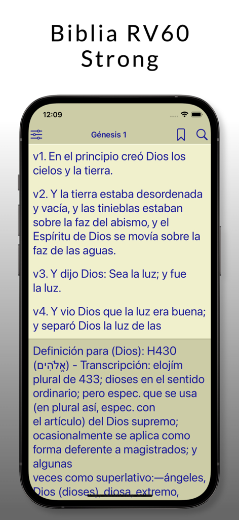Bible RV60 Strong - Una captura de pantalla de la aplicación Biblia RV60 Strong que muestra el libro de Génesis con la definición de diccionario de una palabra utilizando la concordancia de Strong