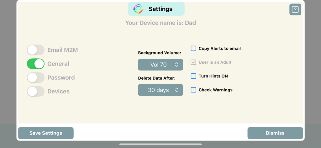 Be-Maps - La interfaz de configuración general de la aplicación Be-Maps con opciones de eliminación de datos y alertas.