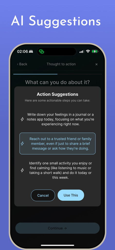 CBT for Beginners - AI-generated action suggestions for mental wellness and anxiety relief in the CBT for Beginners app