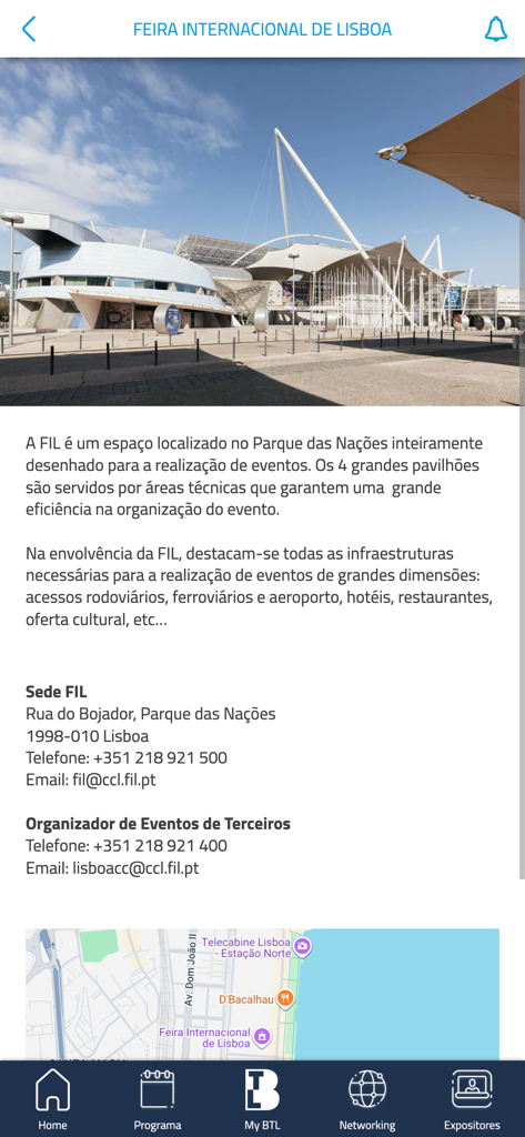 BTL 2026 - BTL 2026 App-Bildschirm mit Veranstaltungsortdetails für die Feira Internacional de Lisboa, einschließlich Adresse und Karte.