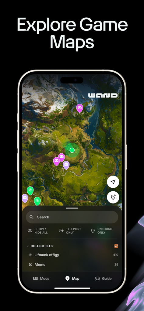 Wand Pro Remote (WeMod) - Wand Pro Remote app interface showing an interactive game map with markers and collectible tracking