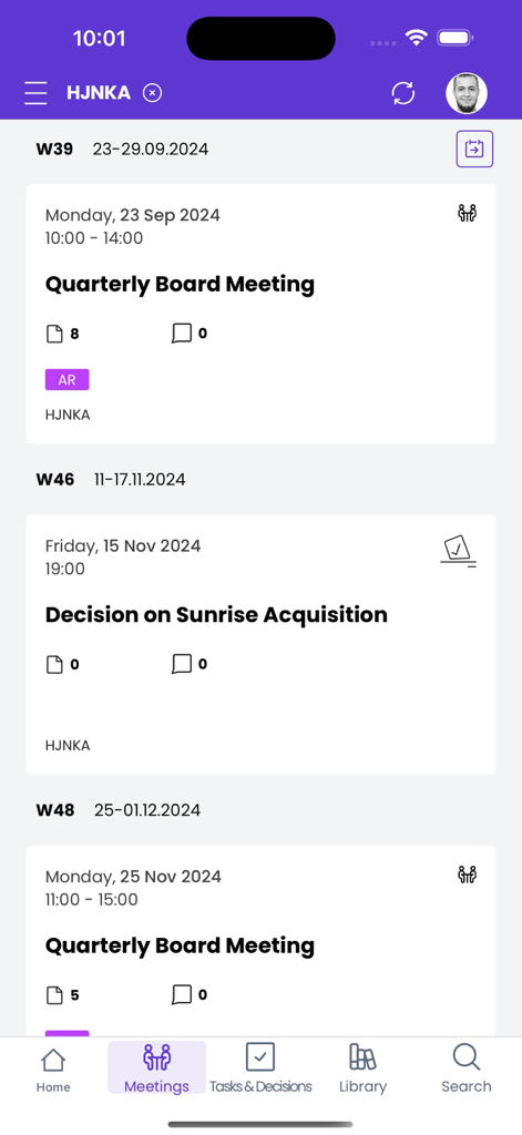 Sherpany - Sherpany app screen showing a list of scheduled corporate board meetings and agendas