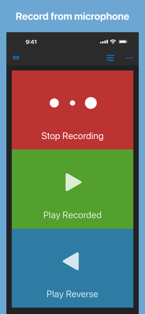 User interface of the Reverse Audio app with record and reverse playback controls