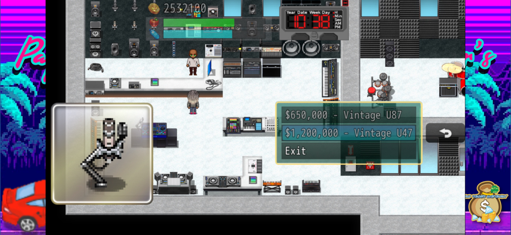 A music recording studio interface in the Paper Chasers game featuring expensive vintage microphones for sale