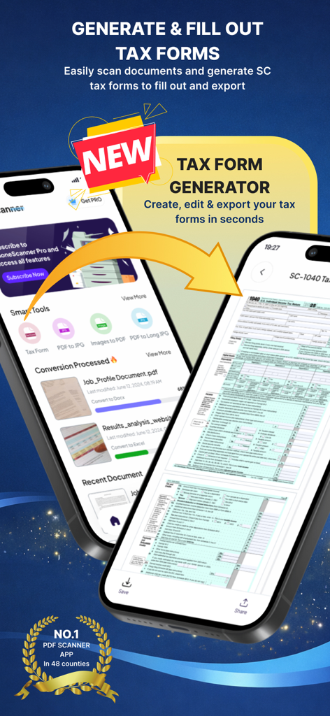 ドキュメントスキャナーアプリのインターフェース。税フォームジェネレーターとモバイル画面でのデジタル記入機能が表示されています。