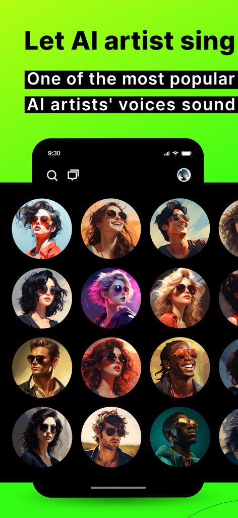 YourArtist.AI - AICover & Chat - User interface displaying a grid of AI artist avatars for creating music covers.