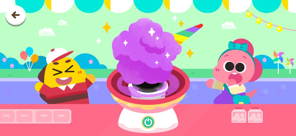 Cocobi Theme Park - Fun game - Coco et Lobi préparant de la barbe à papa violette dans un food truck de parc à thème