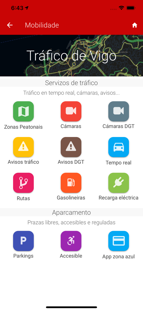 Vigo App - Concello de Vigo - Mobility menu in the Vigo app showing traffic services and parking information