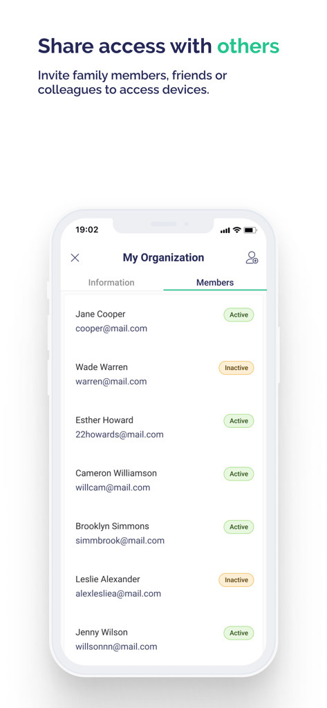 Blynk IoT - Blynk IoT app screen showing a list of members with access to devices.