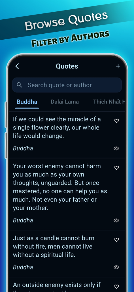 Buddha Quotes: Buddhist Wisdom - Navegar y filtrar citas de sabiduría budista por autor en la interfaz de la aplicación.