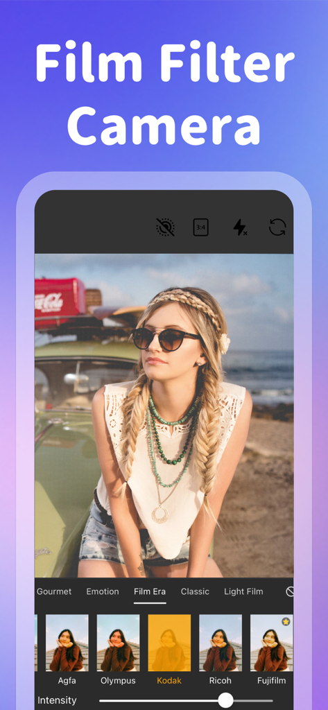 LightCam - Selfie Glow Camera - Interface of the LightCam app showing vintage film filters like Kodak and Fujifilm applied to a portrait photo