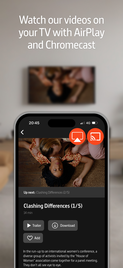 ARTE.tv app interface showing how to stream documentaries to a TV using AirPlay and Chromecast.