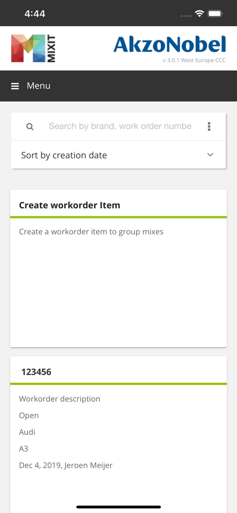 Workorder management screen within the AkzoNobel MIXIT app showing car paint details