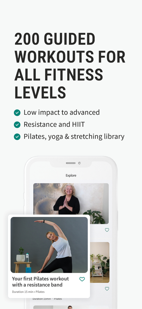 A mobile app interface displaying a variety of guided exercise videos including Pilates and yoga for all fitness levels.