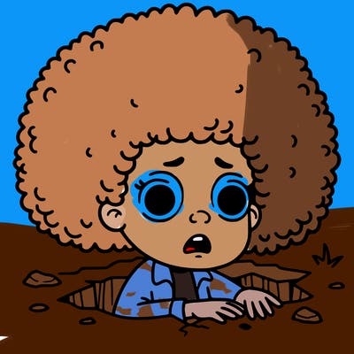 a little girl is coming out of a hole, she is very scared and has an afro.