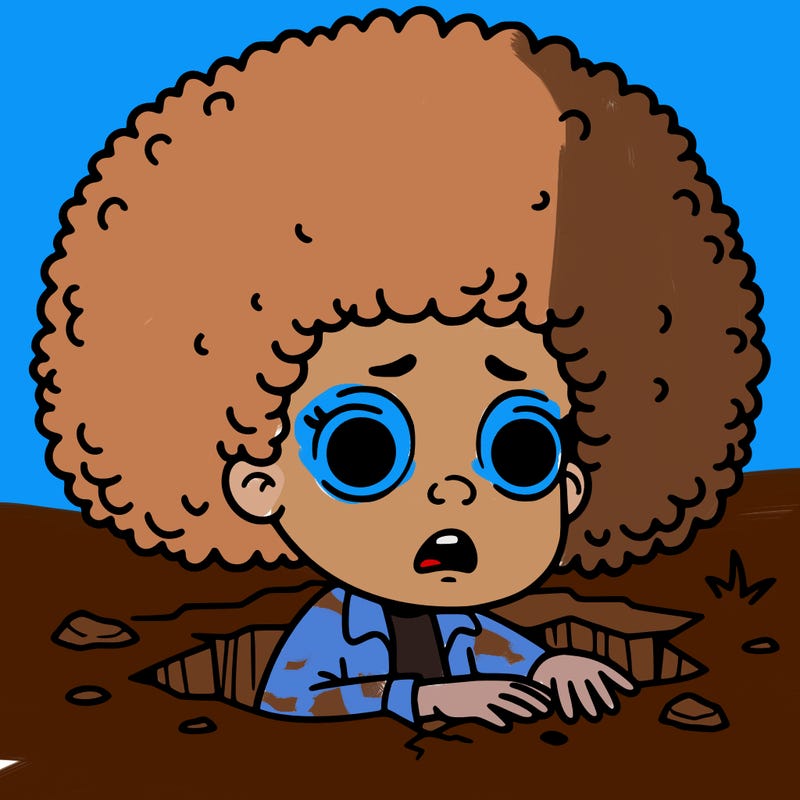 a little girl is coming out of a hole, she is very scared and has an afro.