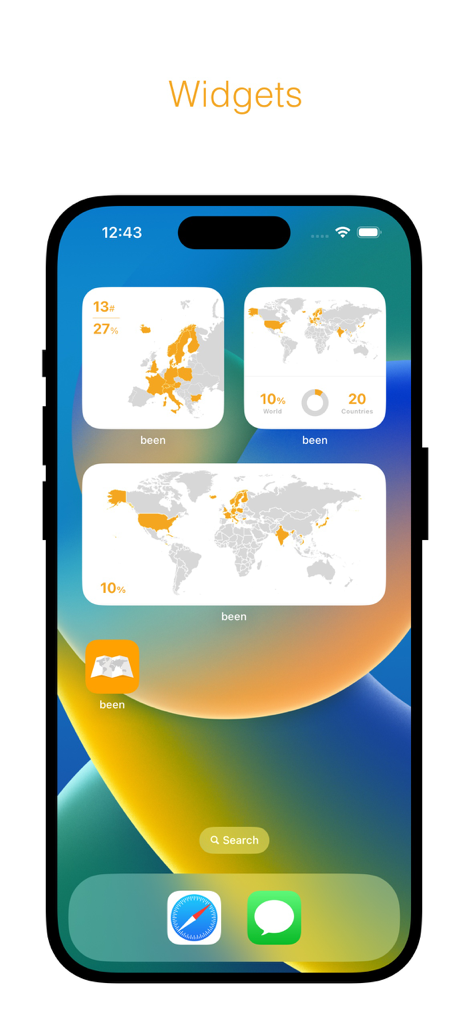 been - Schermata Home di iPhone che mostra diversi widget per l'app di viaggio been con mappe del mondo e statistiche di viaggio