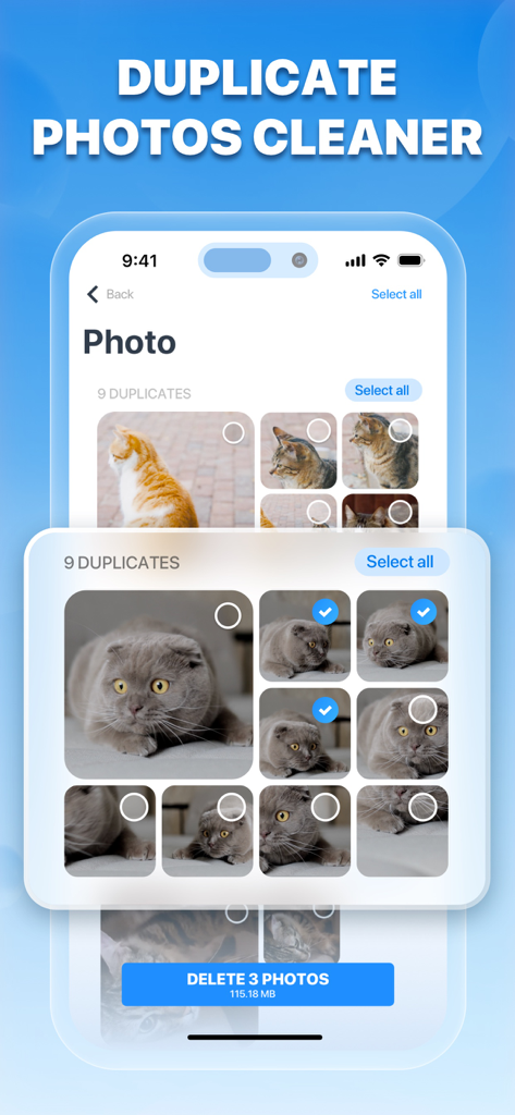 Cleaner AI - Mobile Security - Interface of the Cleaner AI app showing the duplicate photos cleaning feature with several cat pictures selected for deletion