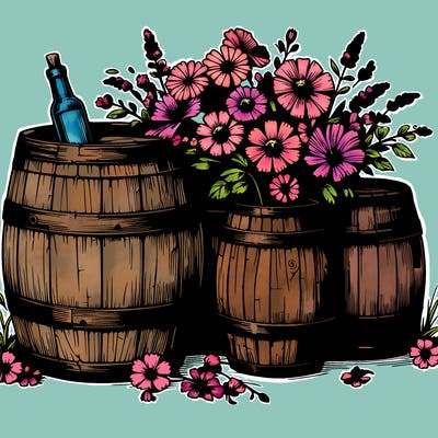 rustic barrels and flowers realistic